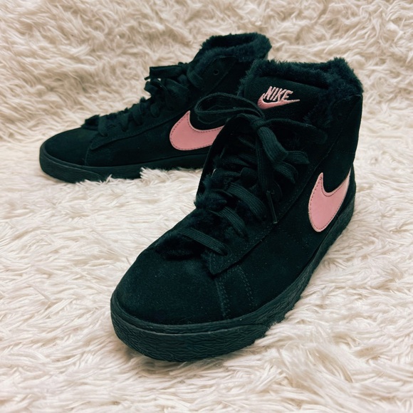 Black Nike High Tops | Pink Swoosh | Fuzzy Fur Inside Slipper - Picture 1 of 12